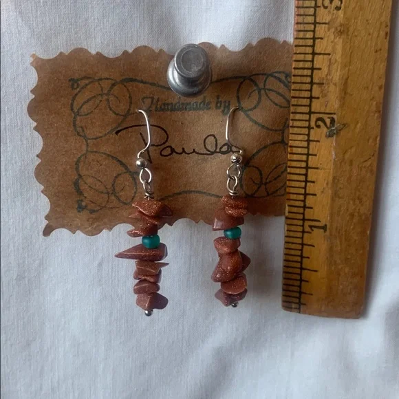 Handmade Goldstone Natural Stone w/ Turquoise Glass Bead Earrings - Picture 4 of 5